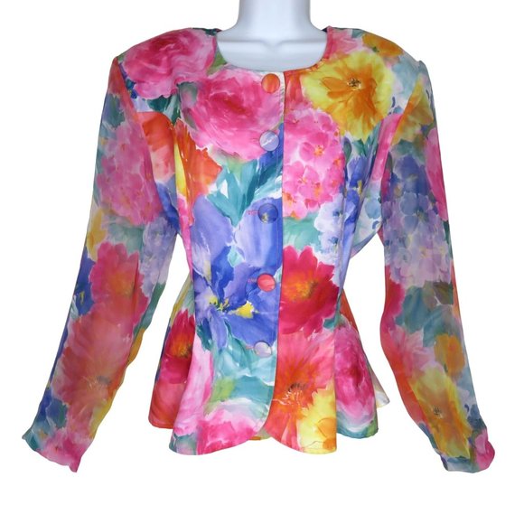 Vintage Floral Peplum Jacket Blouse Blazer Chiffon Sleeve Buttons Shoulder Pads - Picture 2 of 13